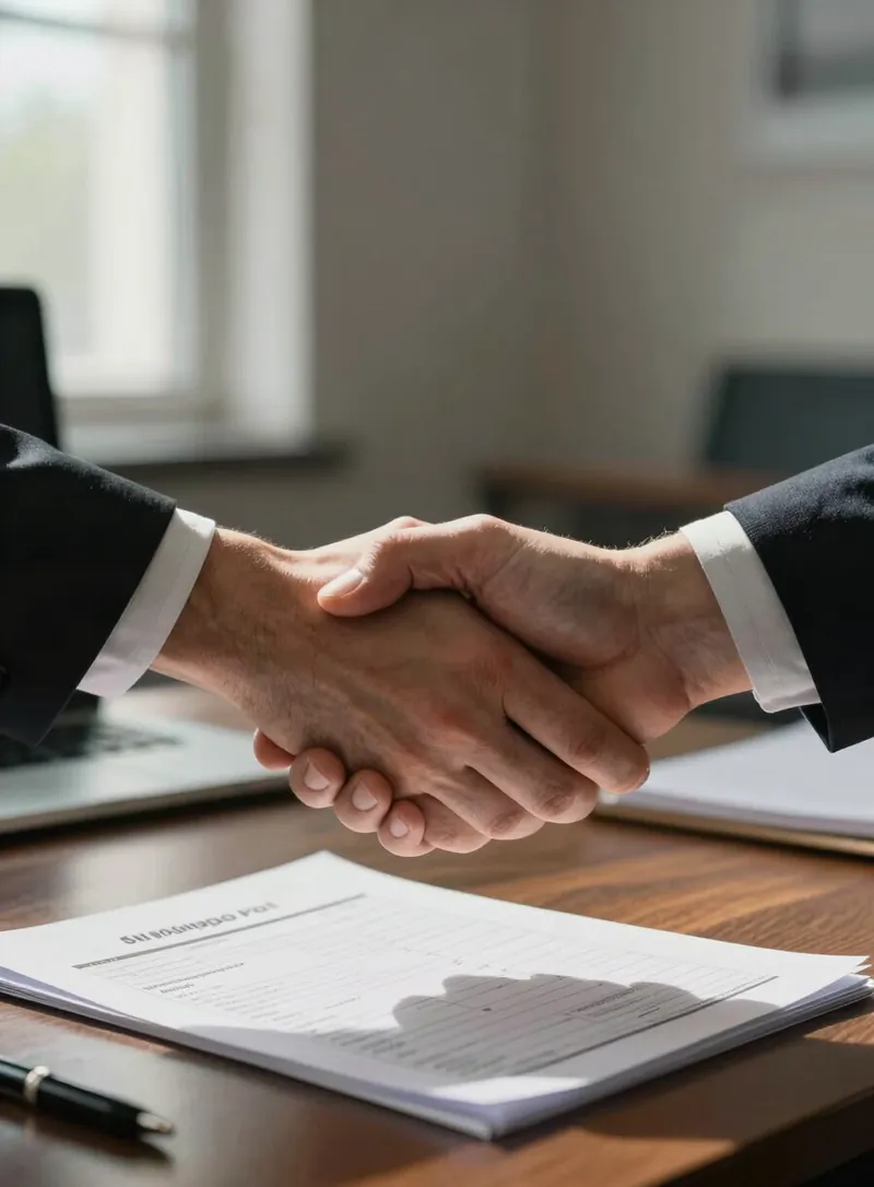 Two business people shaking hands over a contract